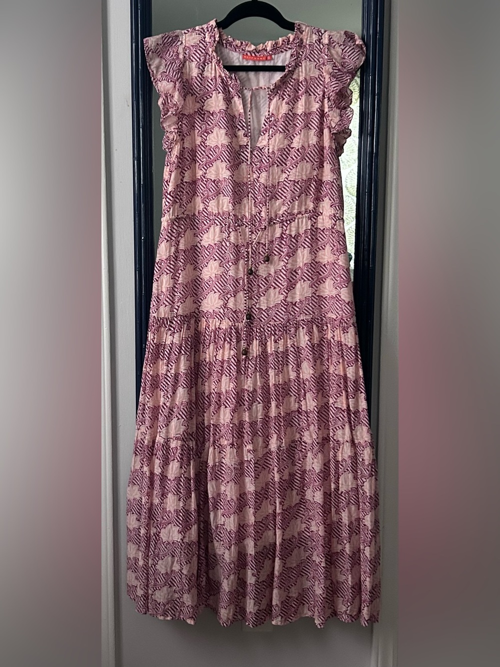 Oliphant Cinched Flirty Midi Dress Florence Print in Pinks and White Size S